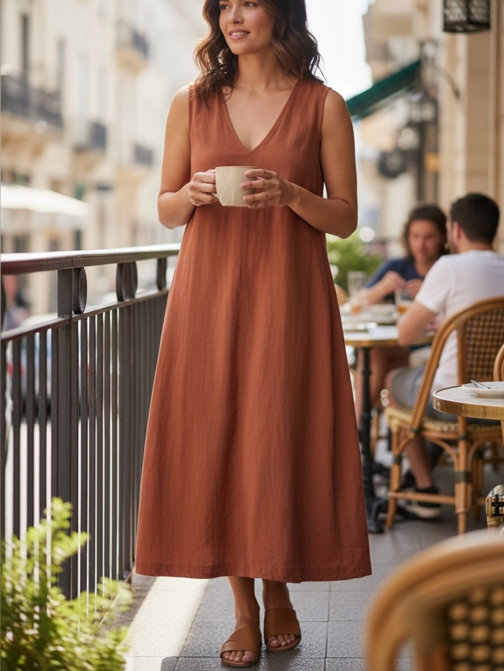 Uniqlo Linen Blend Maxi Dress Sleeveless Orange Brown Size Medium